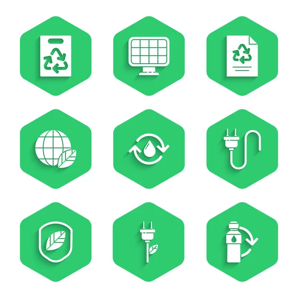 Set Recycle clean aqua, Elektro-Sparstecker im Blatt, Recycling-Plastikflasche, Schild mit, Erdkugel und, Papier-Recycling und Tüten-Symbol. Vektor — Stockvektor