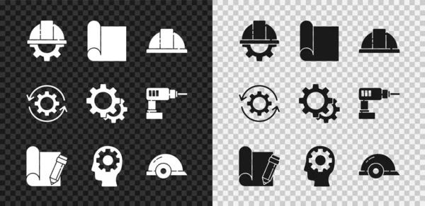 Set Casco y engranaje de seguridad del trabajador, Papel gráfico para ingeniería, lápiz, Cabeza humana con interior, flechas de engranaje como flujo de trabajo e icono. Vector — Vector de stock