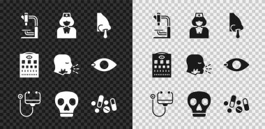 Mikroskop, hemşire, akan burun, stetoskop, kafatası, ilaç hapı veya tablet, göz testi çizelgesi ve öksüren adam ikonu. Vektör