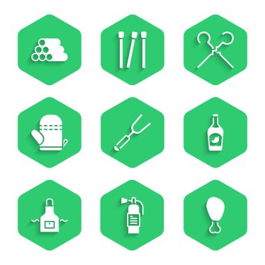 Barbekü çatalı, yangın söndürücü, tavuk budu, ketçap şişesi, mutfak önlüğü, fırın eldiveni, barbekü şişi ve tahta kütük ikonu. Vektör