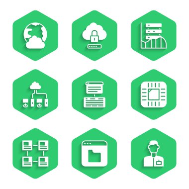 Sunucu, Data, Web Sunucu, Tarayıcı dosyaları, Analist mühendis, İşlemci, İşlemci CPU, Hiyerarşi organogram şeması, Bilgisayar ağı ve Sosyal simgeyi ayarla. Vektör