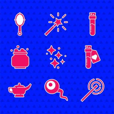 Parıldayan yıldızları sihirli, göz, sihirli değnek, şişe aşk iksiri, lamba ya da Aladdin, cadı kazanı ve el aynası ikonu ile ayarla. Vektör