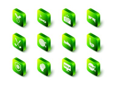 Bayrak ile golf deliği, suda top, gözlük, kulüp, spor, ayakkabı, etiket ve ikon. Vektör