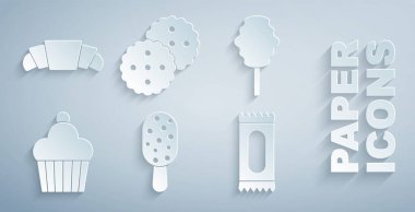 Dondurma, pamuk şeker, kek, şeker, kurabiye ya da bisküvi ve kruvasan ikonu. Vektör