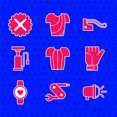 Bisiklet tişörtü, İsviçre çakısı, bisiklet kafa lambası, eldivenler, akıllı saat, hava pompası, fren ve sproket kolu ikonu. Vektör