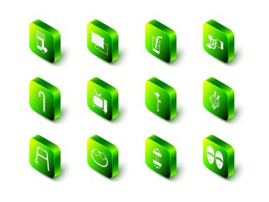 Yastık, su, kan basıncı, iplik yumağı örgü iğneleri, terlikler, koltuk değneği ya da koltuk değneği, Dumbbell ve Gözlük ikonu. Vektör