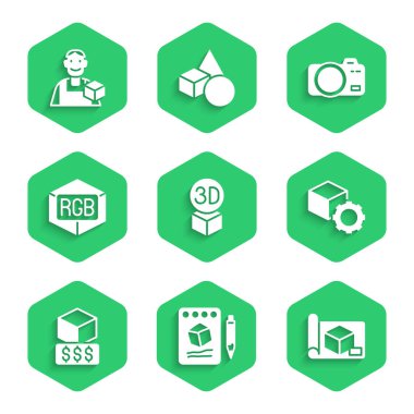 Isometric küp, kağıt üzerine çizim, mühendislik grafikleri, 3D yazıcı servisleri, RGB ve CMYK renk karıştırma, fotoğraf makinesi ve grafik tasarımcı simgesi ayarlayın. Vektör