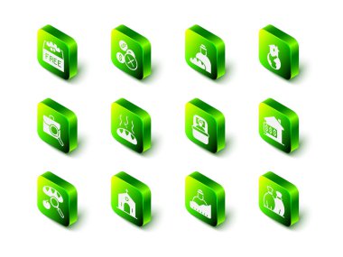 Para yok, evsizleri besleme, evsizler için barınak, parayla ev, çöp torbası, Uyuma, Büyüme ve Kilise binası ikonu. Vektör