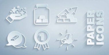 Madalya, altın külçeli büyüme oku, altın külçesi ve maden ikonu. Vektör