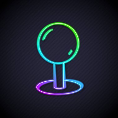 Parlayan neon çizgisi siyah arkaplanda Push pin simgesi izole edildi. Raptiye işareti. Vektör