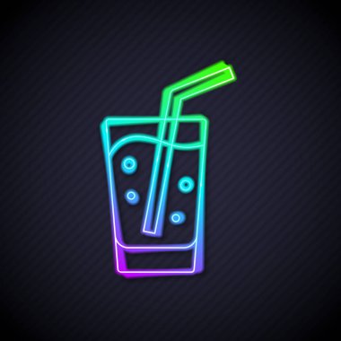Siyah zemin üzerinde su ikonu olan parlak neon çizgisi. Soda bardağı. Vektör