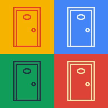 Pop Sanat Hattı Otel koridoru kapalı kapı ikonu renk arkaplanında izole edilmiş. Vektör