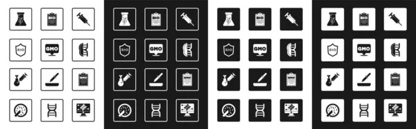 Set Spuit, GMO, Schild voor bio-gezond voedsel, reageerbuis en kolf, Genetisch gemodificeerd vlees, Document, en GGO onderzoek kip pictogram. Vector — Stockvector