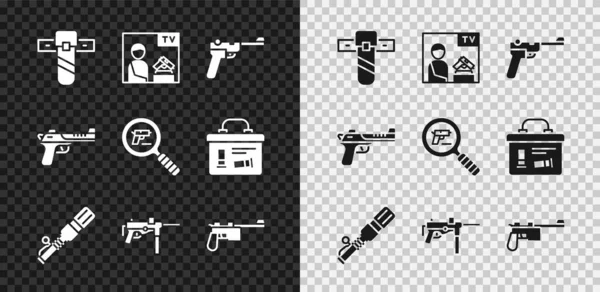 Set Knife holster, arma de publicidade, Mauser gun, granada de mão anti-tanque, submáquina M3, águia do deserto e pistola ou ícone de pesquisa. Vetor — Vetor de Stock