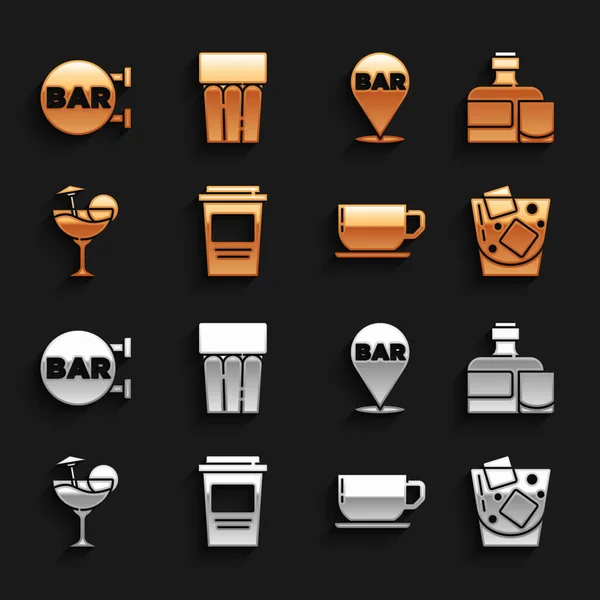 Set Coffee Tasse to go, Whiskeyflasche und Glas, Glas Whisky, Cocktail, Lage der Alkoholbar, Straßenschild mit Bar und Wassersymbol. Vektor — Stockvektor