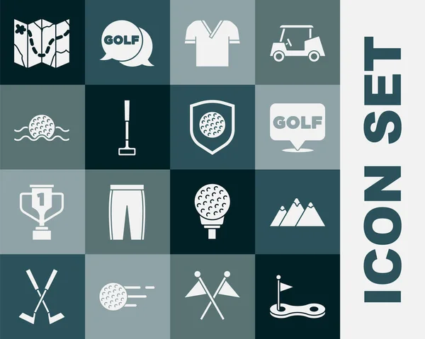 Ensemble trou de golf avec drapeau, montagnes, étiquette, chemise, club, eau de balle, disposition du parcours et icône de bouclier. Vecteur — Image vectorielle