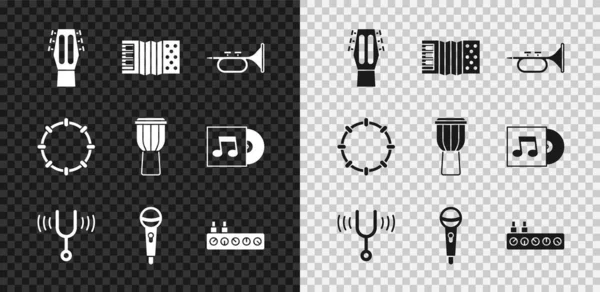 Set Guitar, Accordion, Trumpet, Musical tuning fork, Microphone, Sound mixer controller, Tambourine and Drum icon. Vector — Stock Vector