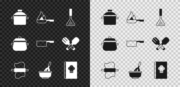 Set Kochtopf, Pfanne, Grillspachtel, Nudelholz auf Teig, Schneebesen mit Schüssel, Kochbuch und Kochtopfsymbol. Vektor — Stockvektor