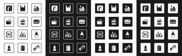 Set Elektronische Waage für Produkt, Flasche Olivenöl, Geldbörse mit Geld, Feuerausgang, Kreditkarte, Papiereinkaufstasche, Gewürzdose und Scanner-Scanner-Barcode-Symbol. Vektor — Stockvektor