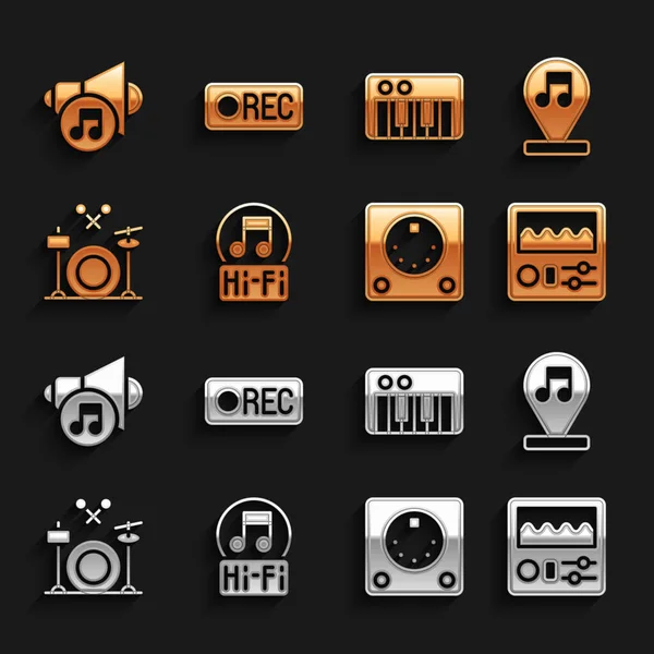 Establecer nota de música, tono, batería, batería, sintetizador, volumen del altavoz y el icono del botón Grabar. Vector — Vector de stock