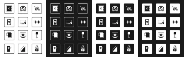 Trolley 여행 가방 , Smart Tv, Mobile with wi-fi 무선 , Safe, Dumbbell, Hotel cart, Table lamp, Towel on hanger icon. Vector — 스톡 벡터