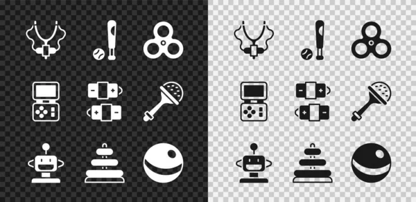 Slingshot, beysbol sopası, Fidget spin, Robot oyuncağı, Piramit, Plaj, Tetris elektronik oyun ve Battery ikonu. Vektör — Stok Vektör