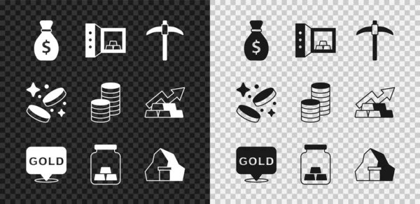 Σετ παλιά τσάντα χρήματα, χρηματοκιβώτιο με ράβδους χρυσού, Pickaxe, χρυσό, ορυχείο, κέρμα και εικονίδιο. Διάνυσμα — Διανυσματικό Αρχείο