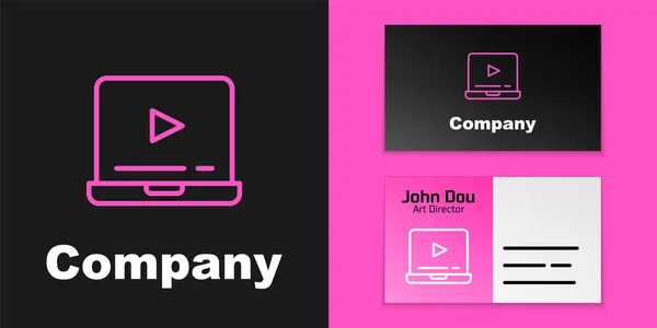 Розовая линия Онлайн играть видео значок изолирован на черном фоне. Ноутбук и пленка с игровым знаком. Элемент шаблона логотипа. Вектор — стоковый вектор