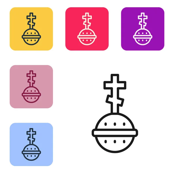 Icono de cruz cristiana de línea negra aislado sobre fondo blanco. Cruz de iglesia. Establecer iconos en botones cuadrados de color. Vector — Vector de stock