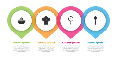 Citrus meyve sıkacağı, Şef şapkası, kızartma tavası ve kaşık. Ticari bilgi şablonu. Vektör