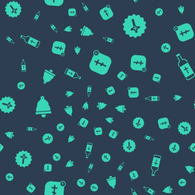 Çevrimiçi kilise papazı vaazı, Hıristiyan haçı, kilise çanı ve kutsal su şişesi. Vektör