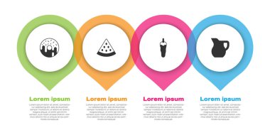 Donut, karpuz, acı biber ve sütlü sürahi bardağı. Ticari bilgi şablonu. Vektör