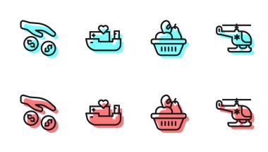 Bağış kutusunu, hayır kurumunu, insani yardım gemisini ve kurtarma helikopteri ikonunu ayarla. Vektör