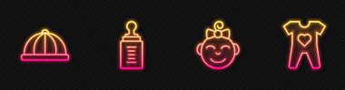 Sırayı bozmayın. Küçük kız kafası, bebek şapkası, şişe ve giysiler. Parlayan neon ikonu. Vektör