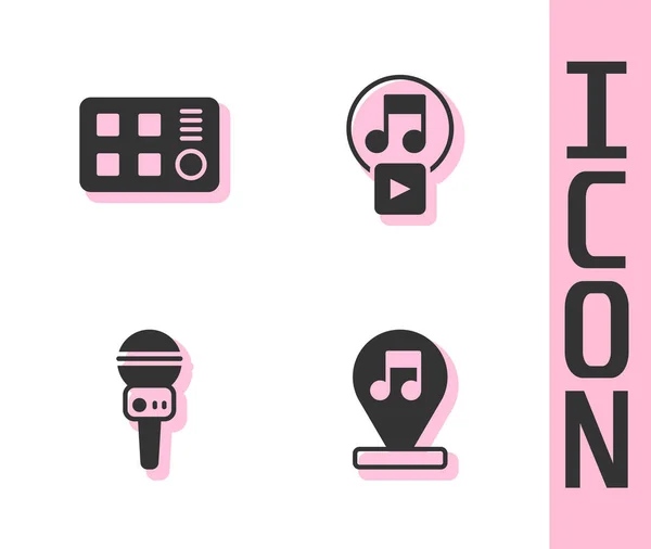 Set Muzieknoot, toon, Drummachine, Microfoon en Play square icoon. Vector — Stockvector