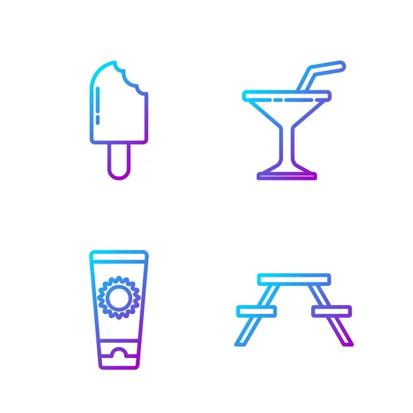 Set line Mesa de picnic con bancos, crema protector solar en tubo, helado y vaso Martini. Iconos de color degradado. Vector — Vector de stock