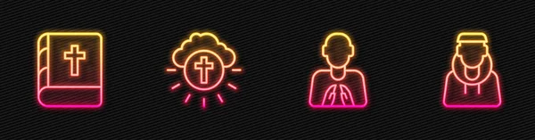 设置线手在祷告的位置，圣经，宗教交叉圈和和尚。发光的霓虹灯图标。B.病媒 — 图库矢量图片