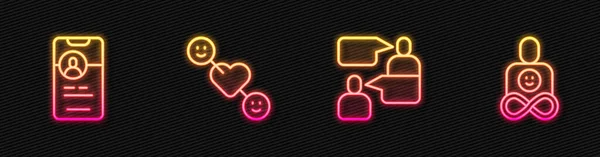 Állítsa be a vonalat Két ülő férfi beszél, Ismerkedés app online, Romantikus kapcsolat és barátai örökre. Ragyogó neon ikon. Vektor — Stock Vector