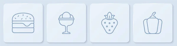 Set line Hamburguesa, Fresa, Helado en el bowl y Pimiento. Botón cuadrado blanco. Vector — Archivo Imágenes Vectoriales