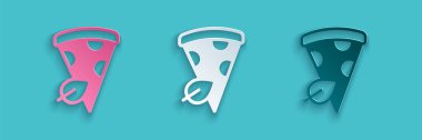 Kağıt kesiği Vegan pizza dilimi ikonu mavi arka planda izole edilmiş. Kağıt sanatı tarzı. Vektör
