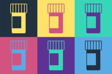 Pop Art Medicine şişesi ve renkli arka planda izole edilmiş hap ikonu. Şişe hapı işareti. Eczane tasarımı. Vektör