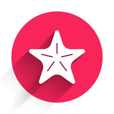 Beyaz denizyıldızı ikonu uzun gölgeli izole edilmiş. Kırmızı daire düğmesi. Vektör