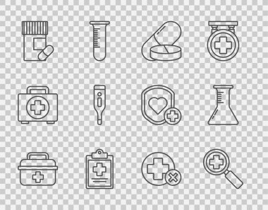 İlk yardım çantası, ilaç tableti, klinik kayıtları, şişe ve haplar, dijital termometre, Cross hastanesi ve test tüpü ikonu olan tıbbi pano. Vektör