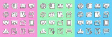 Konuşma baloncuğu sohbetini, posta pulunu, belge ve kalemi, zarflı dizüstü bilgisayarı, Zarfı, Silmeyi, e- postayı ve simgeyi ayarla. Vektör