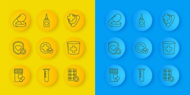 İlaç şişesi ve haplar, Kalkan kalp hızı, Cross hastanesi sağlık paketi, haçlı hemşire şapkası, ya da tablet, acil telefon çağrısı ve şişe burun spreyi ikonu. Vektör