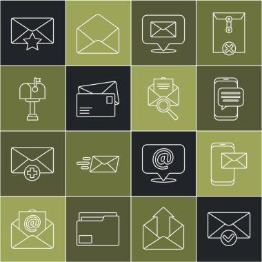 Satır Zarfı ve İşaretleme, Mobil zarf, Telefonda sohbet mesajları bildirim, Konuşma baloncuğu, Posta kutusu, yıldız ve büyüteç simgesi. Vektör