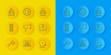 İtfaiyeci baltası, kaçış, megafon, alarm zili, sistem, yanan binalar, yangın musluğu ve çıkış ikonu. Vektör