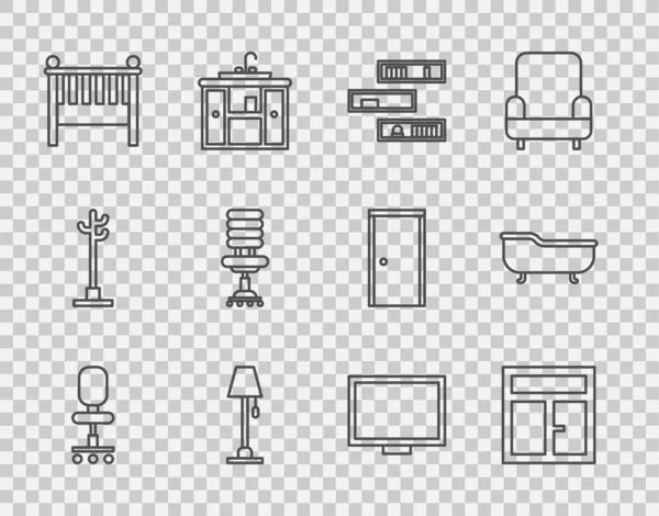 Set line Bürostuhl, Fenster im Zimmer, Regal mit Büchern, Stehlampe, Babybett, Bilderrahmen auf Tisch und Badewannen-Symbol. Vektor — Stockvektor