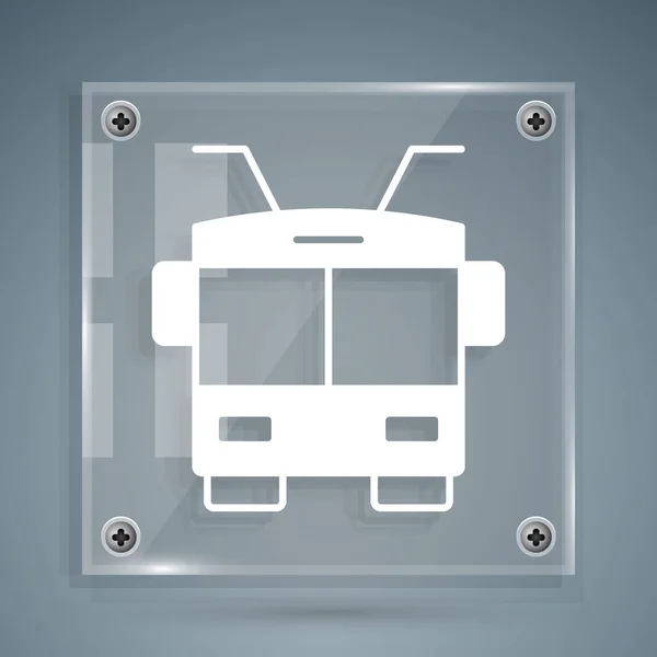 Icono de trolebús blanco aislado sobre fondo gris. Símbolo de transporte público. Paneles cuadrados de vidrio. Vector — Vector de stock