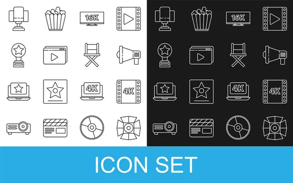 Set line Movie spoint, 4k movie, tape, frame, Megaphone, Screen tv with 16k, Online play video, trophy, Director chair and icon. Вектор — стоковый вектор